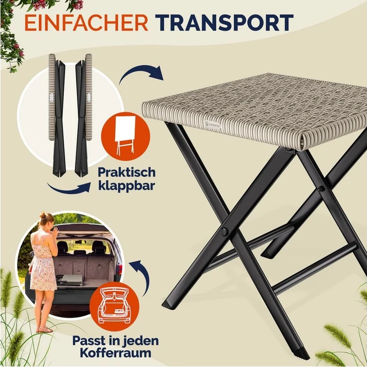 Casaria® Polyrattan Klapphocker 75kg Belastbarkeit 44 x 40 x 44 cm Klappbar Leicht Tragbar Wetterfest Garten Terrasse Balkon Camping Hocker Stuhl Creme – Bild 2