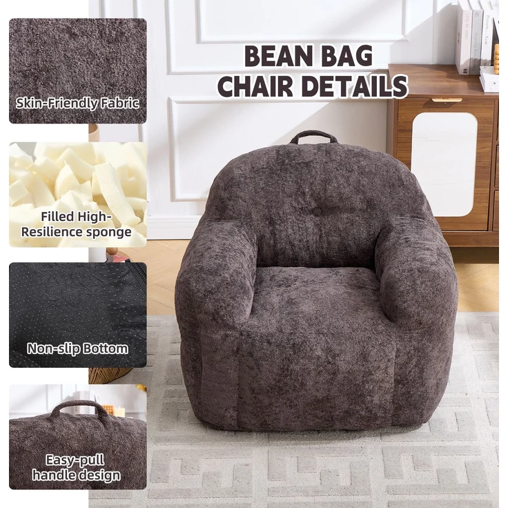 Sitzsack mit Füllung aus Schaumstoffflocken, Kunstfell-Sitzsacksofa mit Armlehnen, für Wohnzimmer, Schlafzimmer und Leseecke, keine Montage erforderlich, Dunkelgrau – 95 x 95 x 79 cm – YOUDENOVA – Bild 4