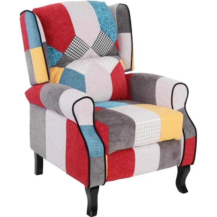 BAKAJI Sedia Poltrona Reclinabile Toppe Seduta Comoda Struttura Legno Lehnstuhl Patchwork Patches Design bequemer Sitz Struktur Holz, Canvas, braun, Standard