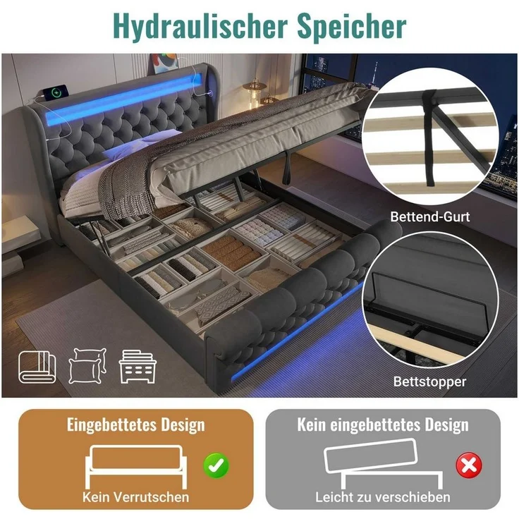 BlingBin Polsterbett Stauraumbett (1-tlg, Funktionsbett mit Lade- und Lichtfunktion für gemütliche Schlafzimmer), mit LED-Beleuchtung, USB- & Type-C-Ladestation und stilvollem Samt – Bild 2