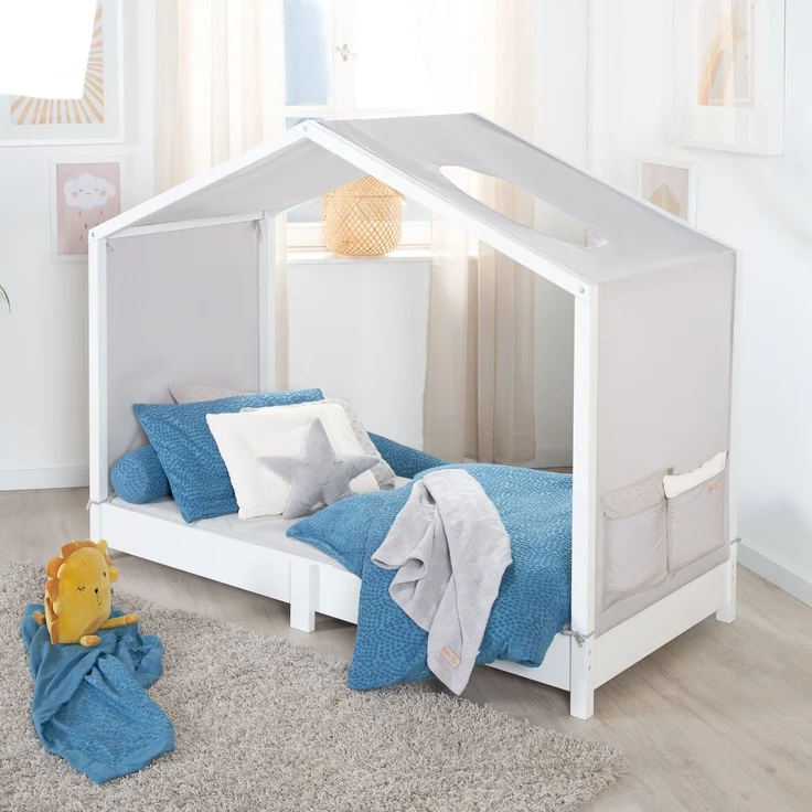 roba Bezug für Montessori Hausbetten 70 x 140 cm - Passendes Zubehör zum Umbau in Himmelbett - Inkl. 3 Aufbewahrungstaschen & Dachfenster - Hellgrau – Bild 3