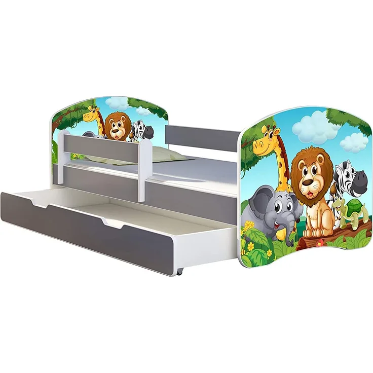 ACMA Kinderbett Jugendbett mit Einer Schublade und Matratze Grau mit Rausfallschutz Lattenrost II (02 Animals, 140x70 + Bettkasten)