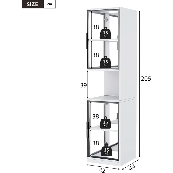 ZUBALIYA 205cm hoher LED-Vitrinenschrank mit doppelten Glastüren und verspiegelter Rückwand, mit farbwechselnder Beleuchtung und Kippschutzvorrichtung–elegant, vollständig transparent–Weinschrank, Bücherregal, Weiß – Bild 6