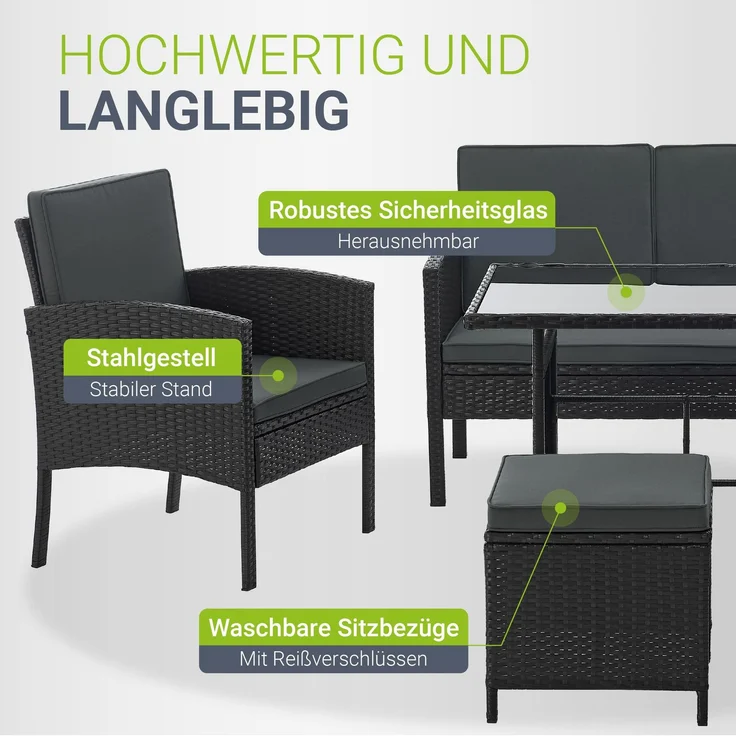 Juskys 'Turin' Outdoor Sitzgruppe für 7 Personen, Polyrattan, 120 x 70 cm, Schwarz – Bild 5