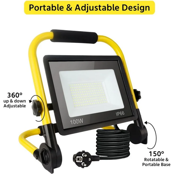 POPOLIC LED Baustrahler Tragbare Baustellenleuchte mit Aluminium-Gehäuse, 100W, IP66 wasserdicht, Baustellenbeleuchtung mit 3,5 m Kabel und EU-Stecker für Werkstatt und Garage, 100-W-LED-Baustellenstrahler, 10800 lm Arbeitsscheinwerfer – Bild 3