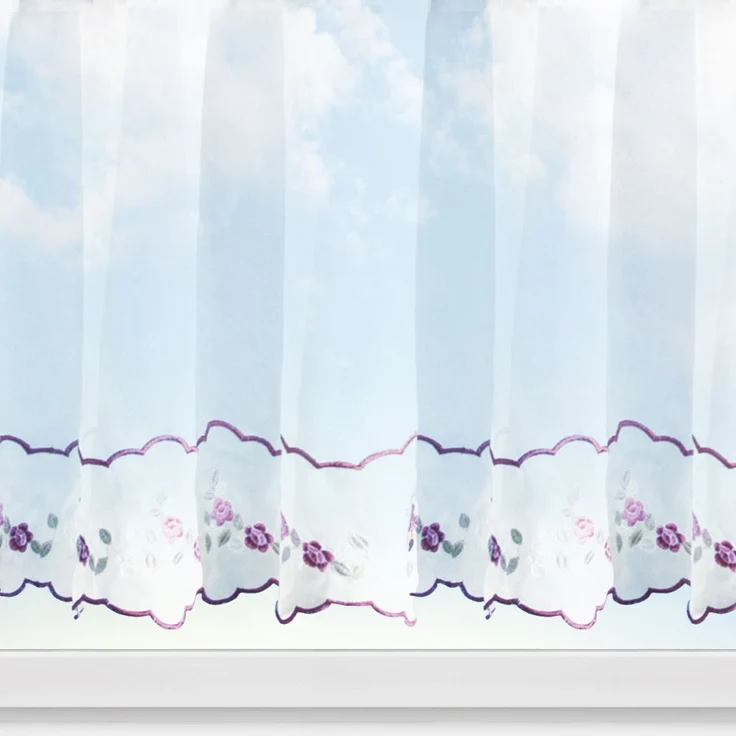 Gardinenset Voile mit Stangendurchzug Serie: Satin, Auswahl: weinrot - Blumen bestickt 5-teilig – Bild 6