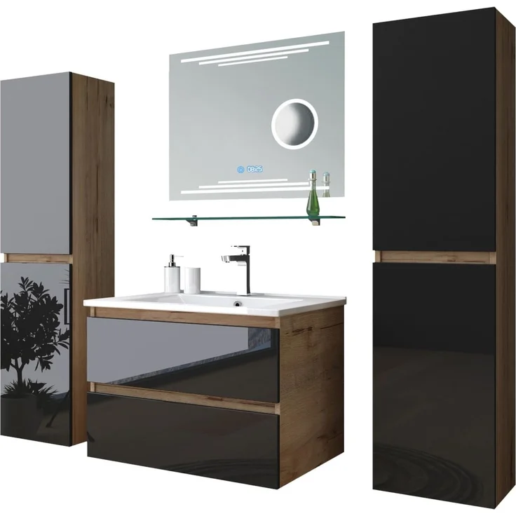 Homeline Badmöbel Set Eiche/Schwarz Kaiser Hochglanz 60 cm Spiegel incl LED (60, 7, 3X Seitenschränke) – Bild 2