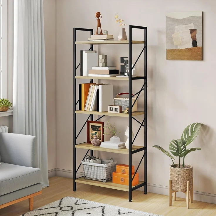 YITAHOME Bücherregal, Standregal mit 5 Ebenen, Hohes Lagerregal mit Metallrahmen, Industrielles Ausstellungsregal, Regaleinheiten, für Wohnzimmer, Schlafzimmer, Homeoffice, Küche, Eichenfarbe Regal – Bild 1