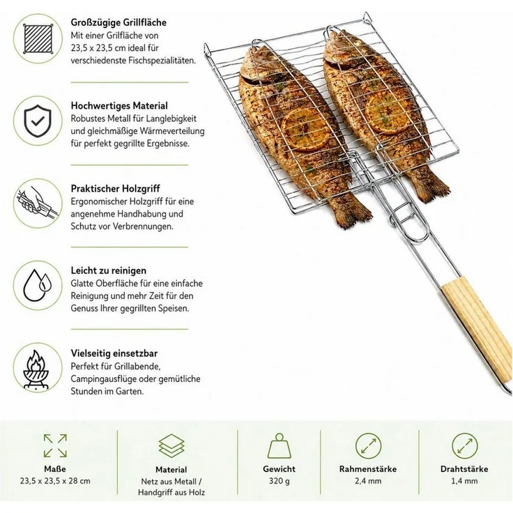 BAYLI Grillspieß Fischbräter mit Holzgriff 23,5 x 23,5 cm – Fischkorb Grillkorb Fischha – Bild 2