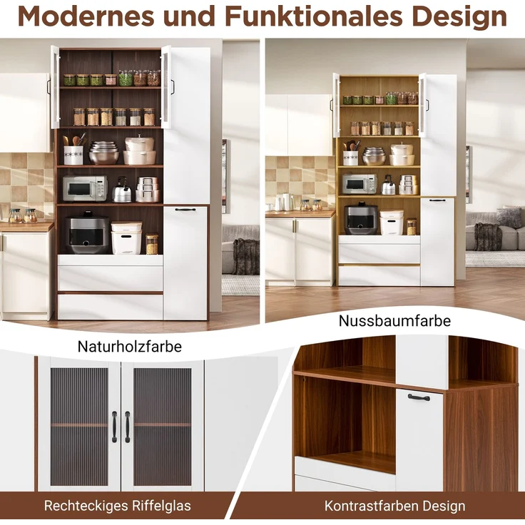 Highboard mit verstellbaren Regalböden und Schubladen, Buffetschrank mit ausziehbaren Regalböden und Riffelglas , Ideal für Esszimmer, Wohnzimmer und Küche (Weiß+Nussbaum) – Bild 6