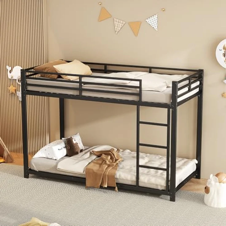 FAVSH Etagenbett 90x200 cm, stabiles Metallbett mit Leiter und Sicherheitsgeländer, Hochbett für 2 Kinder mit Lattenrost, Stockbett für Erwachsene und Jugendliche, Platzsparendes Bettgestell, Schwarz – Bild 7