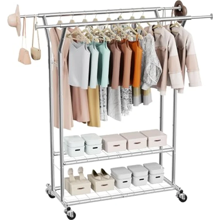 VEVOR Kleiderständer, rollbar mit 2 Kleiderstangen und 2 Ablageflächen, höhenverstellbar bis 120 kg, aus Karbonstahl, ideal für Schlafzimmer und Waschküche – Bild 1