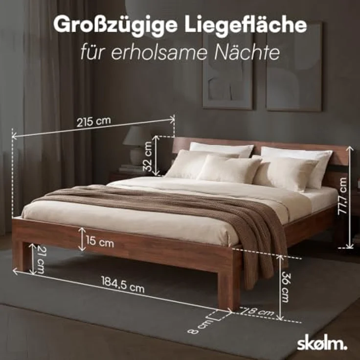 skølm Floki Massivholzbett 180x200 cm aus Eiche - hochwertiges Bettgestell in Walnussoptik - Bettrahmen mit Bettkopf - Holzbett in Natur geölt - Bett geeignet als Doppelbett - Futonbett Schlafzimmer – Bild 2