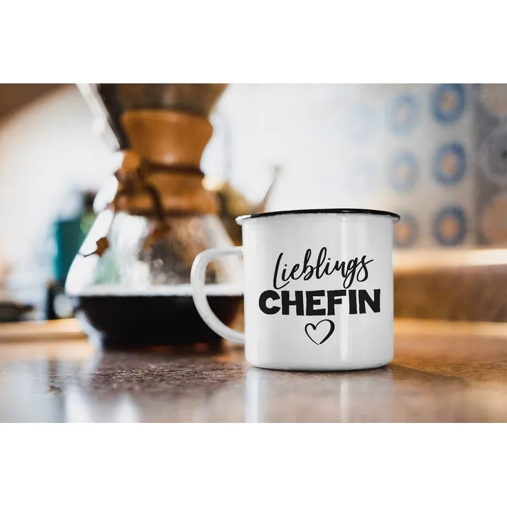 MoonWorks Tasse Emaille Tasse Becher Lieblingschefin Herz Geschenk Chefin Arbeit Büro Vorgesetzter Kaffeetasse Moonworks®, emailliert und mit Aufdruck