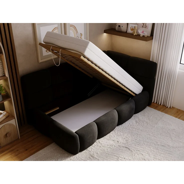GRAINGOLD Modo One Jugendbett 90x200, Einzelbett mit Bettkasten, mit Lattenrost, Velvet-Stoff, Links, Schwarz – Bild 5