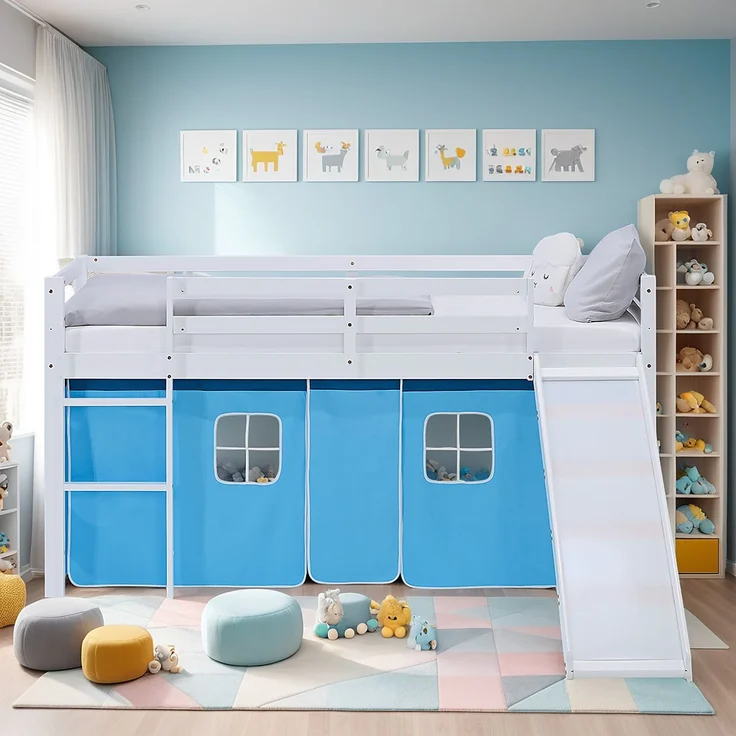 Hochbett Kinder 90x200 cm mit Rutsche Kinderbett Kinderhochbett Stockbett Vorhang Blau Leiter Holz Massiv – Bild 8