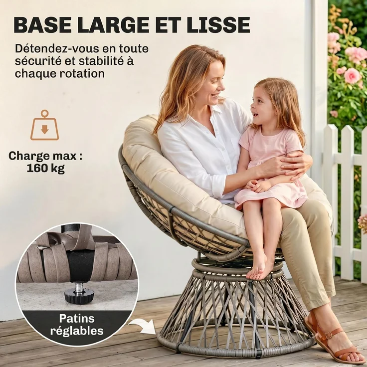 Runder Gartensessel, drehbarer Papasan-Sessel, Ø 97 x 90H cm, großes Kissen im Lieferumfang enthalten, Polyester-Geflecht – Bild 9
