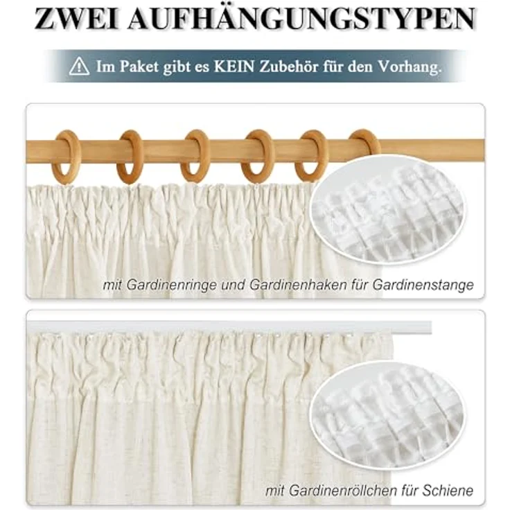 PONY DANCE Kurze Gardinen Halbtransparent Vorhang Leinen Natur H 160 x B 140 cm Leinenoptik Vorhänge mit Kräuselband 2er Set Wohnzimmer Gardinen Leinenoptik Boho Gardine Leinen Beige – Bild 3