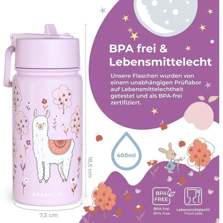 BEARFOOT Trinkflasche Thermo Kinder Trinkflasche Edelstahl - Lama lila, Thermosflasche, auslaufsicher, Edelstahl, Kinderflasche, BPA-frei – Bild 3