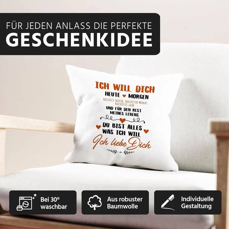 MoonWorks Dekokissen Kissen-Bezug Ich will dich heute und morgen ich liebe dich Geschenk Valentinstag Liebe Spruch Kissen-Hülle Deko-Kissen Baumwolle MoonWorks® – Bild 5