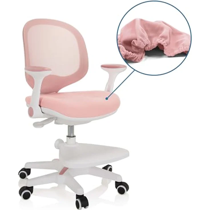 hjh OFFICE 736412 Kinder Schreibtischstuhl Kid Ergo Stoff/Netz Kinderstuhl mit Fußablage, Armlehnen klappbar, Rosa/Weiß – Bild 5