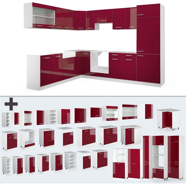 Eckküche R-Line Rot Hochglanz/Weiß 287 x 60 cm , AP Marmor Vicco – Bild 6