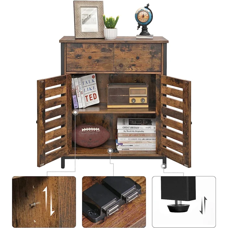 Vasagle 'LSC86BX' Beistellschrank, Sideboard mit Regalebene und Schublade, Küchenschrank, mit Lamellentüren, Wohnzimmer, Schlafzimmer, Arbeitszimmer, Büro, Flur, Industrie-Design, Vintage, Dunkelbraun, 80 x 68,6 x 30 cm – Bild 5