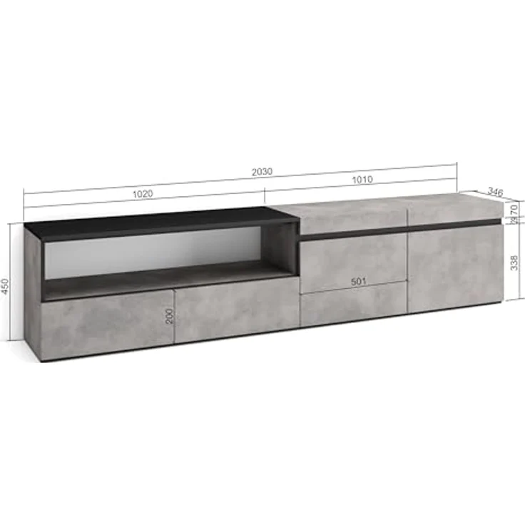 Skraut Home | TV-Schrank, Lowboard | für Wohnzimmer und Esszimmer | 200x45x35cm | Für TV-Geräte bis zu 80" | Fernsehtisch | Moderner Stil | Zement – Bild 5