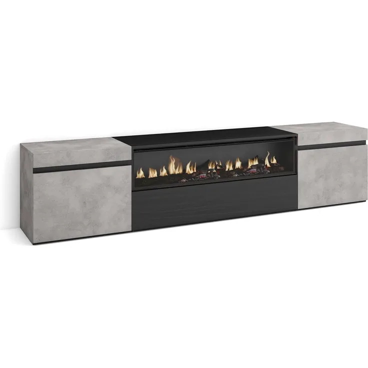 Skraut Home | TV-Schrank, Lowboard | für Wohnzimmer und Esszimmer | 200 x 45 x 35 cm | Für TV-Geräte bis zu 80" | Elektrokamin. Maße | Moderner Stil | Zement