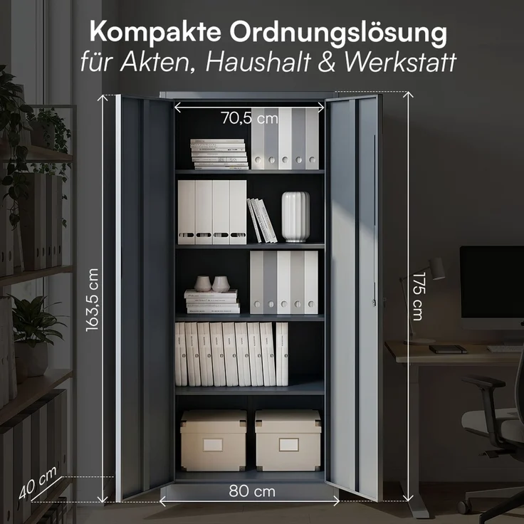 STEELSØN 'Regulus' Aktenschrank, Metall, anthrazit, 175x40x80 cm, abschließbar, Metallschrank mit 5 Fächern, geeignet als Werkzeugschrank – Bild 9