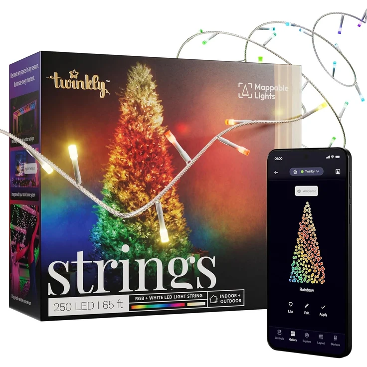 Twinkly Strings 250 LED RGB+ Weiß, LED-Lichterkette, Smarte LEDs für den Innen- und Außenbereich, Kompatibel mit Alexa und Google Home, IP44, Weihnachtsdeko, App-Steuerung, Transparentes Kabel, 20m – Bild 1