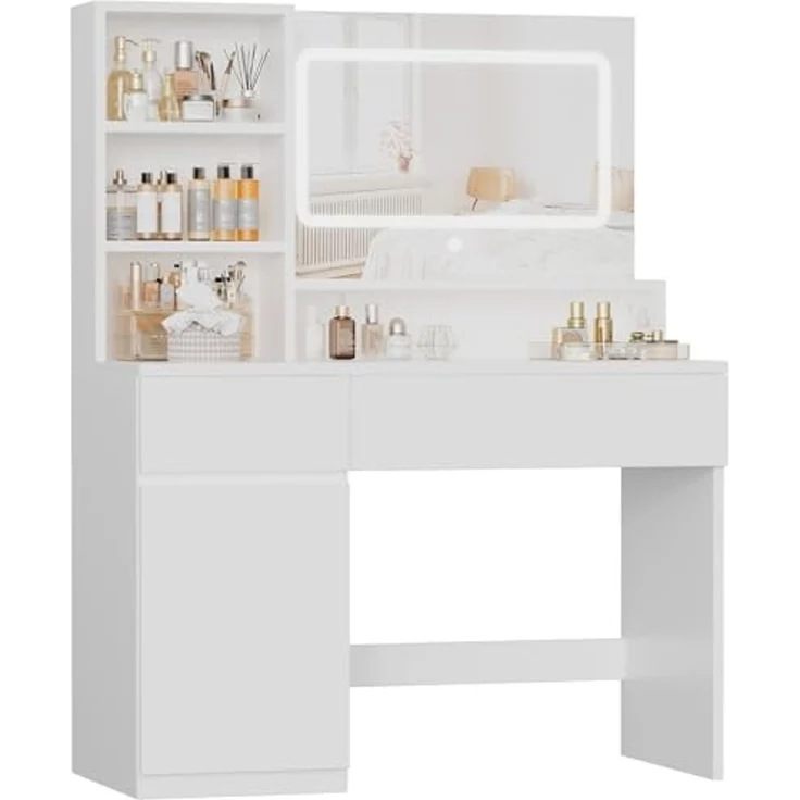 JUMMICO Schminktisch mit Beleuchtung und Spiegel, Weißer Kleiner Schminktisch mit Schubladen & LED-Spiegel, Moderner Frisiertisch mit Stauraum für Make-up, 90 x 58 cm – Bild 2