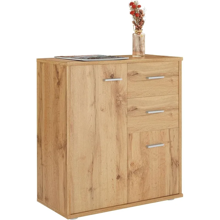 CARO-Möbel Kommode Locarno mit 2 Türen und Schubladen, modernes Highboard Bürokommode in Wotan Eiche