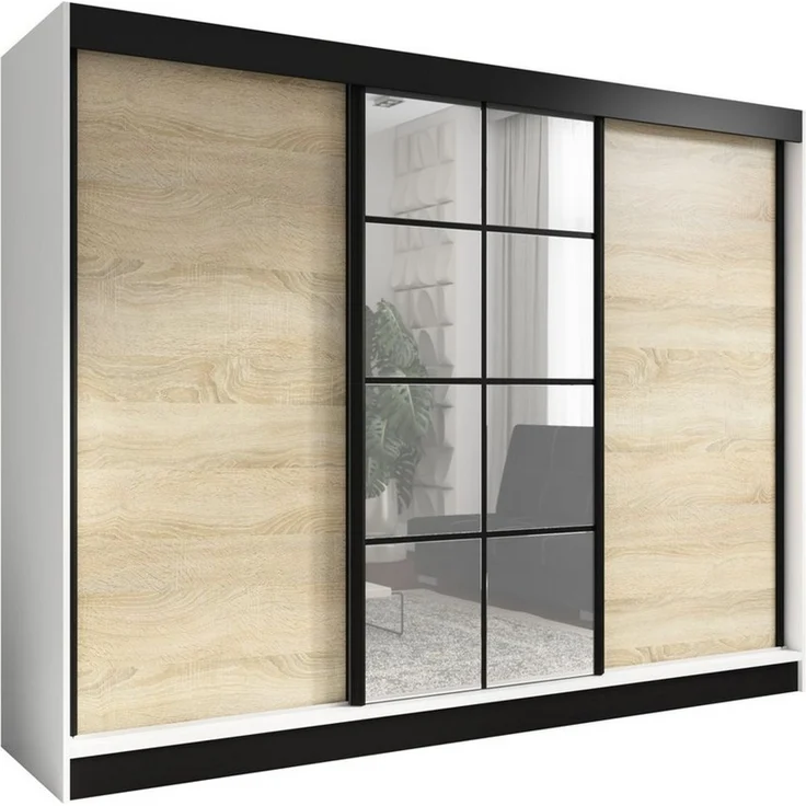 A&J MöbelLand GmbH Schwebetürenschrank ORAVELLE 3-türiger Kleiderschrank mit Spiegel, 4 Schubladen (Kostenlose Lieferung – nur für kurze Zeit! TOP ANGEBOT! Geräumiger Schrank mit einer Breite von 200 cm und Spiegel, ideal zur Aufbewahrung von Kleidung ... – Bild 1