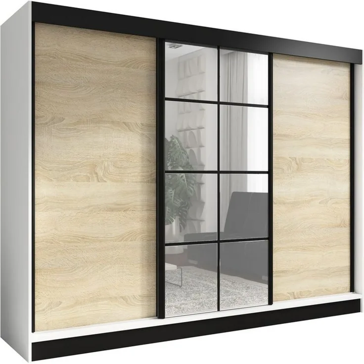 A&J MöbelLand GmbH Schwebetürenschrank ORAVELLE 3-türiger Kleiderschrank mit Spiegel, 4 Schubladen (Kostenlose Lieferung – nur für kurze Zeit! TOP ANGEBOT! Geräumiger Schrank mit einer Breite von 200 cm und Spiegel, ideal zur Aufbewahrung von Kleidung ...