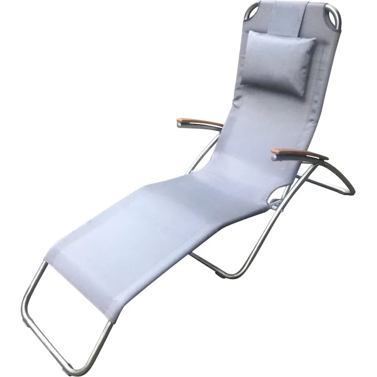LECO Edelstahl-Kippliege ELEGANCE, Kunststoffgewebe silbergrau, Armlehnen Akazie FSC 100 %, 177x65x109 cm