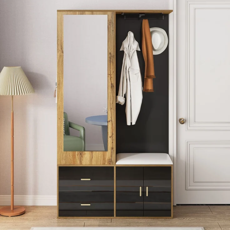 Faumrta Elegantes Kleiderschrankset in Schwarz und Holzfarbe mit Spiegel, Schuhschrank, Schuhbank mit Haken und ausziehbaren Kleiderbügeln. 100CM*38CM*180CMNaturalSpanplatte – Bild 2