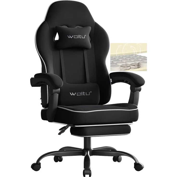 WOLTU Gaming Stuhl mit Taschenfederkissen, Gaming Sessel 150 kg Belastbarkeit, ergonomischer Drehstuhl, Gamer Stuhl mit Kopfkissen, Lendenkissen, Fußstütze, Netzstoff, Schwarz, GS11sz