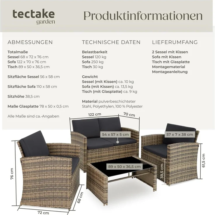 tectake Lounge Gartenmöbel Set Poly Rattan für den Garten, Möbel für den Balkon, 12-teilige Garten Lounge (wetterfest), Essgruppe mit Outdoor Sofa, Sessel und Tisch für 4 Personen (Natur/Dunkelgrau) – Bild 7