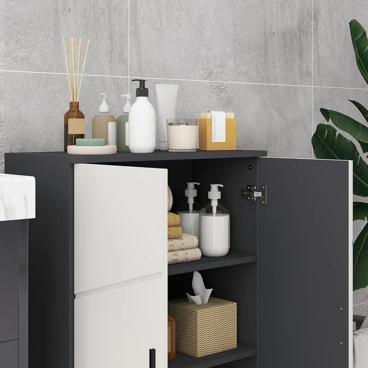 Kleankin Badkommode Badezimmerschrank Beistellschrank mit Doppeltür, Verstellbar Ablagen (Badschrank, 1 St, Aufbewahrungsschrank), für Wohnzimmer 60 x 30 x 82 cm Grau – Bild 8