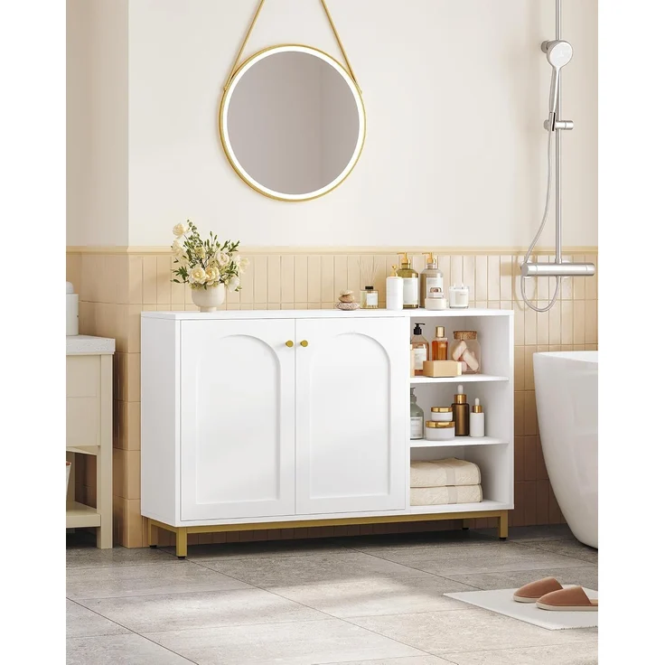 Badezimmerschrank, Sideboard, Küchenschrank mit 2 Türen, Beistellschrank, Badschrank mit offenem Fach, Kommode, verstellbare Ablage, Badezimmer, 35 x 120 x 80 cm, Weiß-Gold – Bild 2