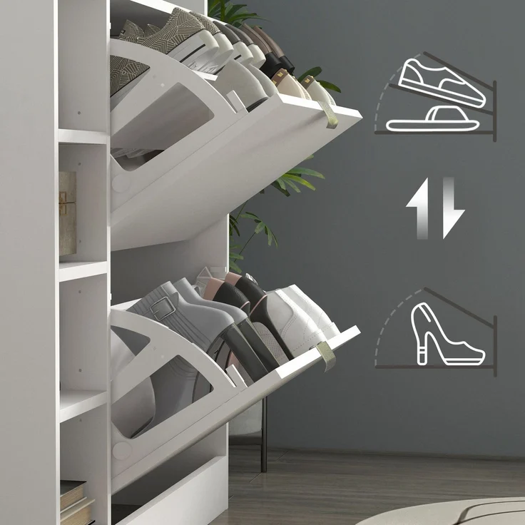 Schuhschrank mit 2 Klappschubladen für 12 Paar Schuhe, Glasablage und verstellbaren Einlegeböden, 89 x 25 x 92 cm, weiß – Bild 10