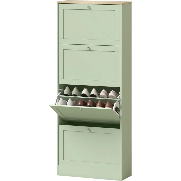 Wohnora-Schuhschrank für 24 Paar Schuhe, mit 4 Klappschubladen, verstellbaren Einlegeböden, 60 x 23,5 x 153 cm, grün,H 1533cm x T 600cm x B 235cm,Spanplatte