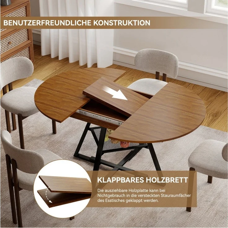Puluomis Esstisch 100-130cm ausziehbar mit versteckte Fächer, offene Regale, 120kg Tragkraft, für Wohnzimmer, Esszimmer – Bild 4