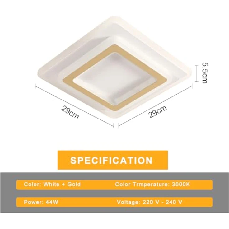 Goeco 44W LED Deckenleuchte Modern, Gold Deckenlampe LED Quadratisch, Acryl Deckenlampe Deckenbeleuchtung für Wohnzimmer Schlafzimmer Flur Küche Balkon, 3000K Warmweiß – Bild 3