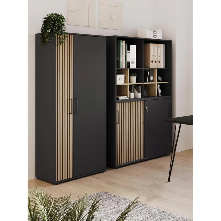 Schildmeyer Büromöbel-Set Hank 702070, schwarzmatt/Akustikpaneel Optik, 5-teilig