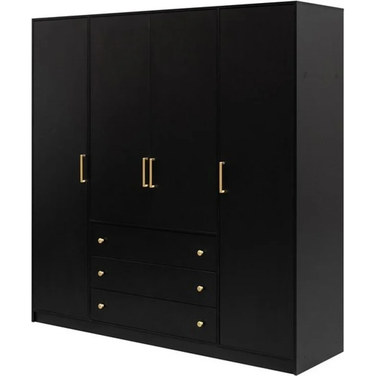 Beautysofa Drehtürenschrank RILO mit 4 Türen und goldfarbene Griffe (Kleiderstange, 8 Regalböden, 3 Schubladen, Farbe: Weiß oder Schwarz) Breite: 196 cm – Bild 4