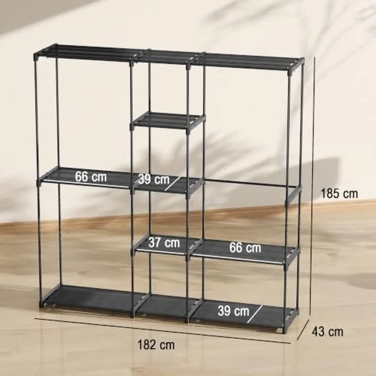 HOMCOM Kleiderschrank Offen 4 Stock Garderobe 182 x 43 x 185 cm Schwarz | Kleiderständer, Mit 2 Hängefächern, Für Wohnzimmer, Schlafzimmer – Bild 3