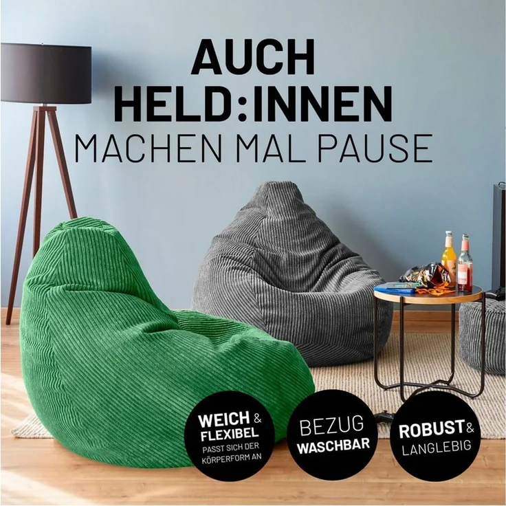 Lumaland Relax Set Cord – Sitzsack Giant + Pouf | Besser als Sofa, Sessel & Co. | XXL Bean Bag + Sitzpouf Hocker mit Füllung (EPS Perlen) für Indoor | Bodensofa für Wohnzimmer, Schlafzimmer & Gaming – Bild 4