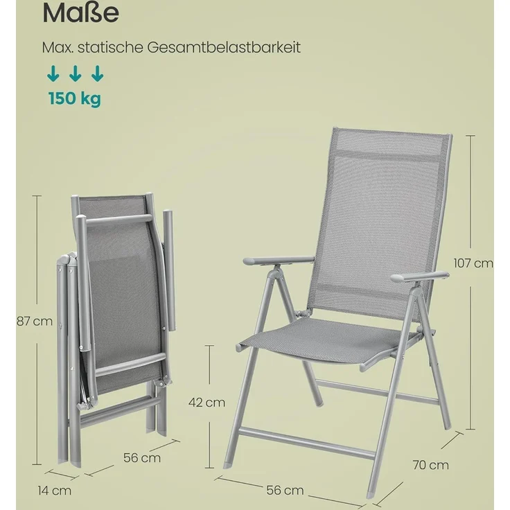 SONGMICS Gartenstuhl-Set 2-tlg., klappbar mit 8-fach verstellbarer Rückenlehne, Aluminiumgestell grau, bis 150 kg belastbar – Bild 3